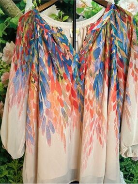 fig and flower Cream Peasant Blouse with Multicolor Leaf Motif